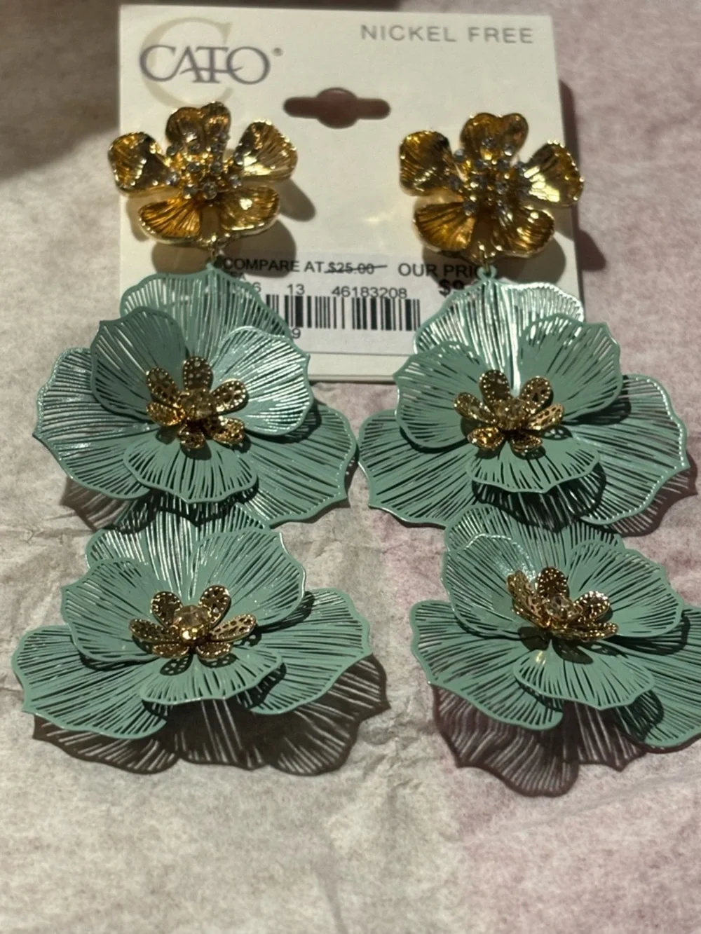 Cato Mint Green and Gold Layered Floral Drop Earrings - Picture 2 of 6